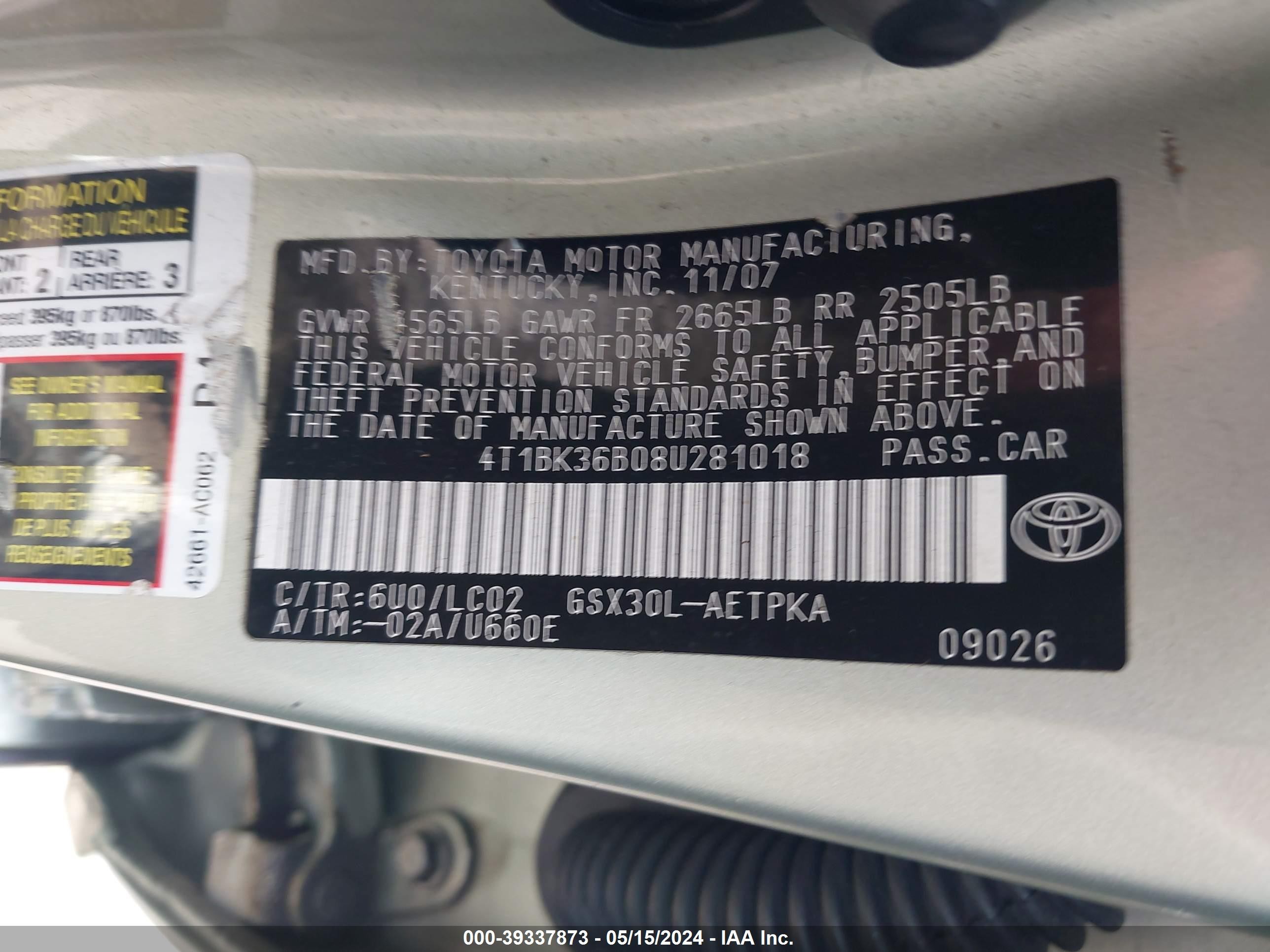 Photo 8 VIN: 4T1BK36B08U281018 - TOYOTA AVALON 