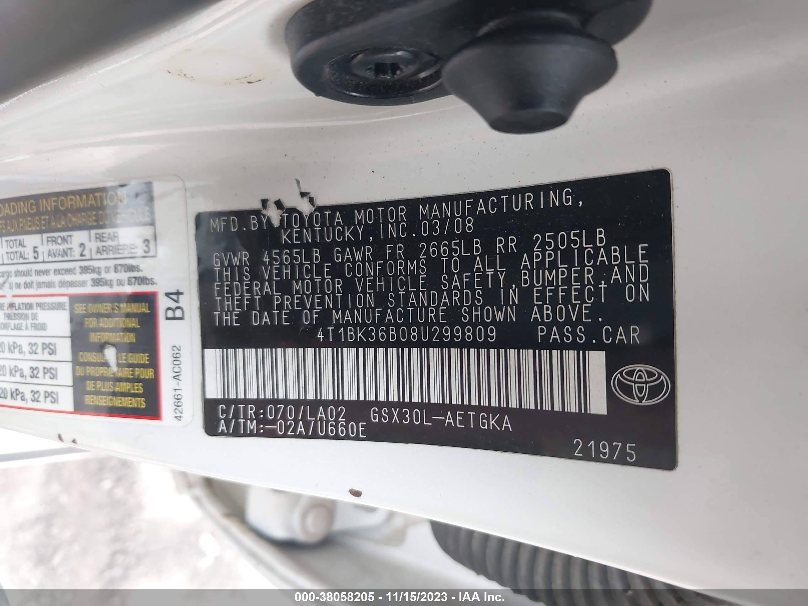 Photo 8 VIN: 4T1BK36B08U299809 - TOYOTA AVALON 