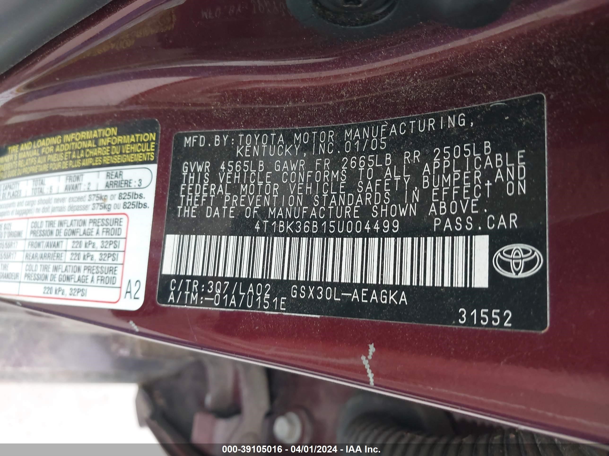 Photo 8 VIN: 4T1BK36B15U004499 - TOYOTA AVALON 