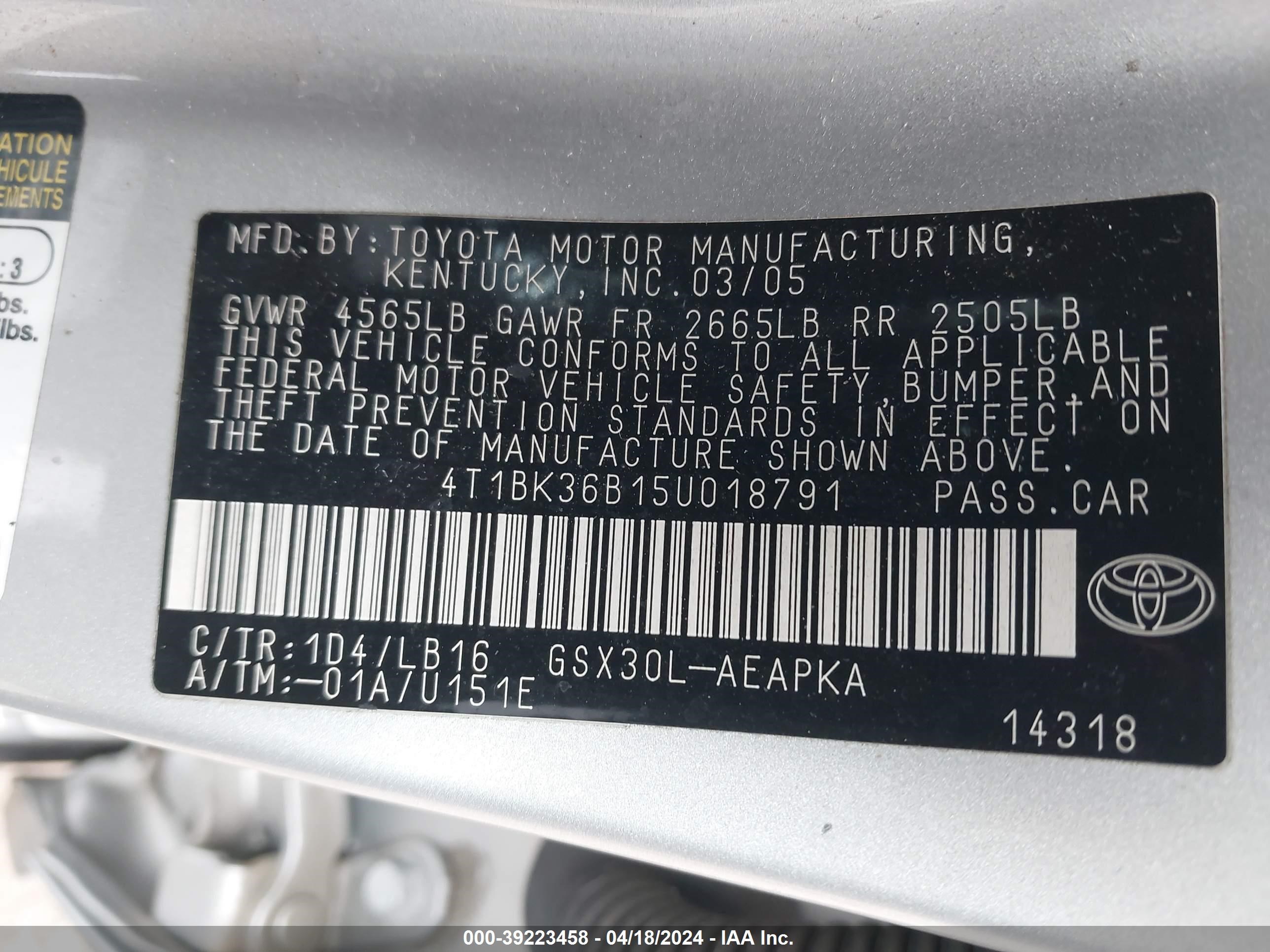 Photo 8 VIN: 4T1BK36B15U018791 - TOYOTA AVALON 