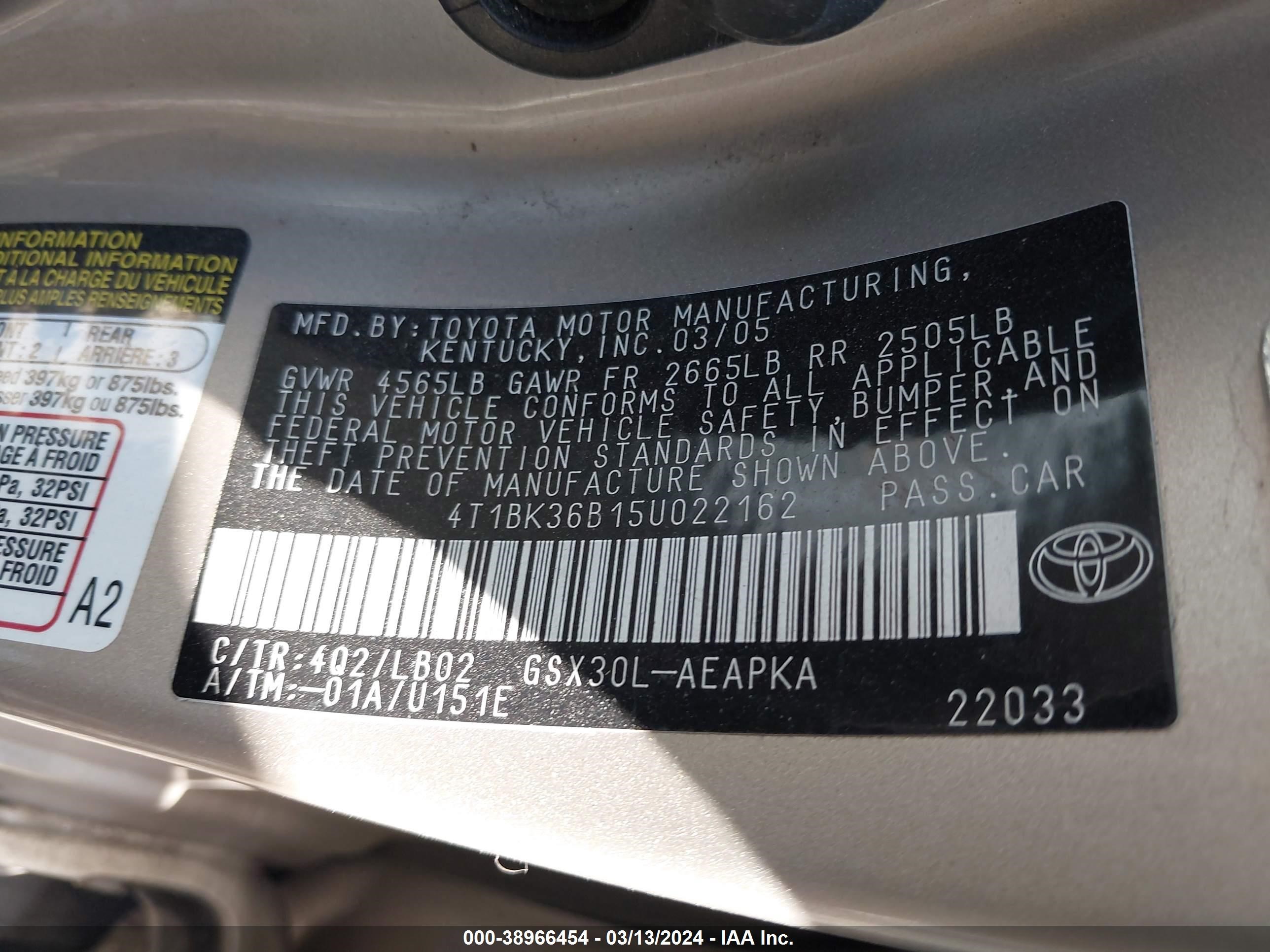 Photo 8 VIN: 4T1BK36B15U022162 - TOYOTA AVALON 