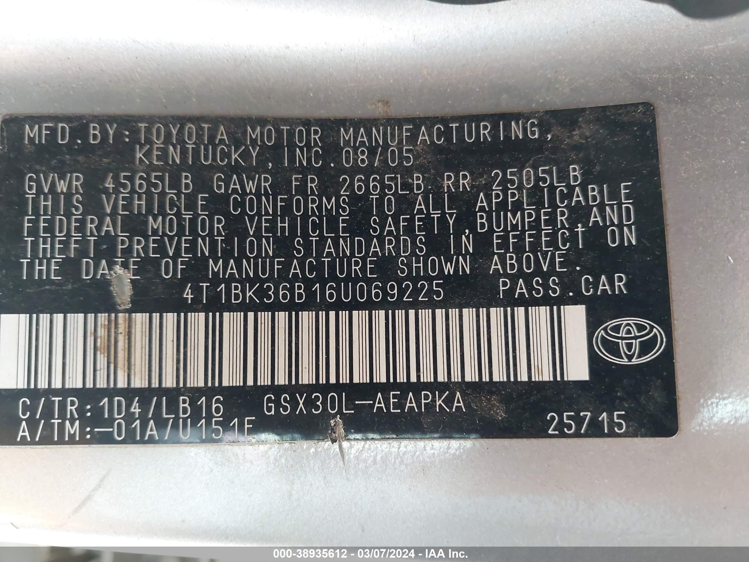 Photo 8 VIN: 4T1BK36B16U069225 - TOYOTA AVALON 