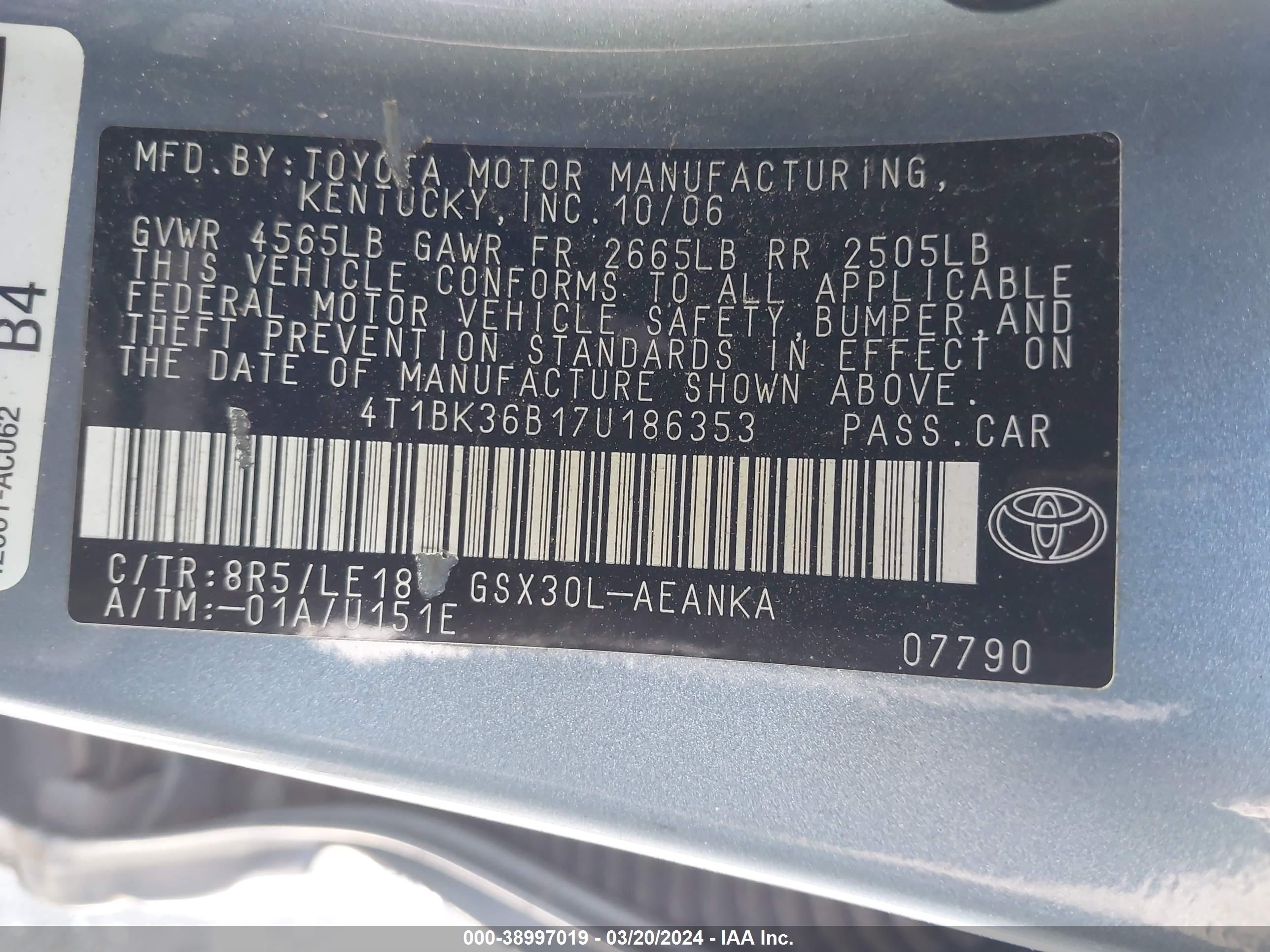 Photo 8 VIN: 4T1BK36B17U186353 - TOYOTA AVALON 