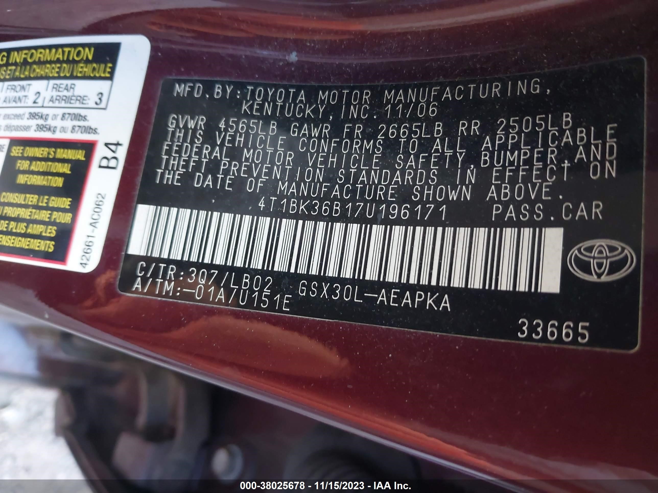 Photo 8 VIN: 4T1BK36B17U196171 - TOYOTA AVALON 