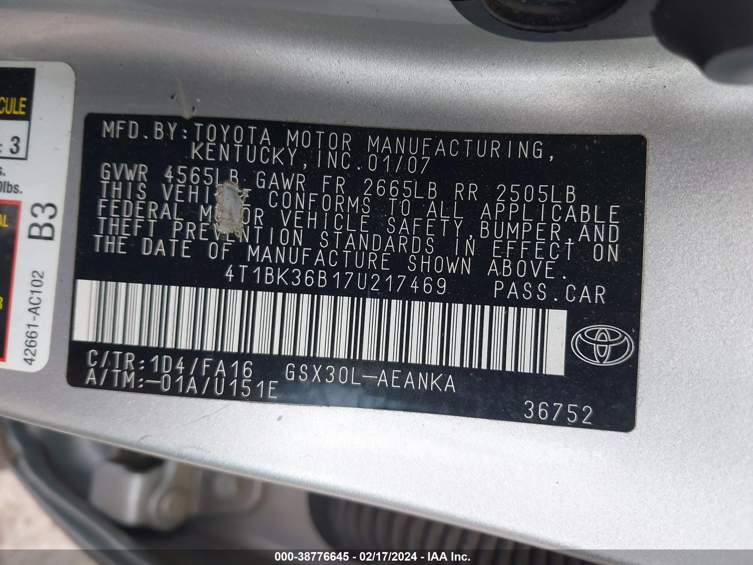 Photo 8 VIN: 4T1BK36B17U217469 - TOYOTA AVALON 