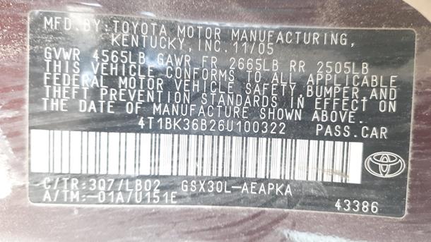 Photo 1 VIN: 4T1BK36B26U100322 - TOYOTA AVALON 