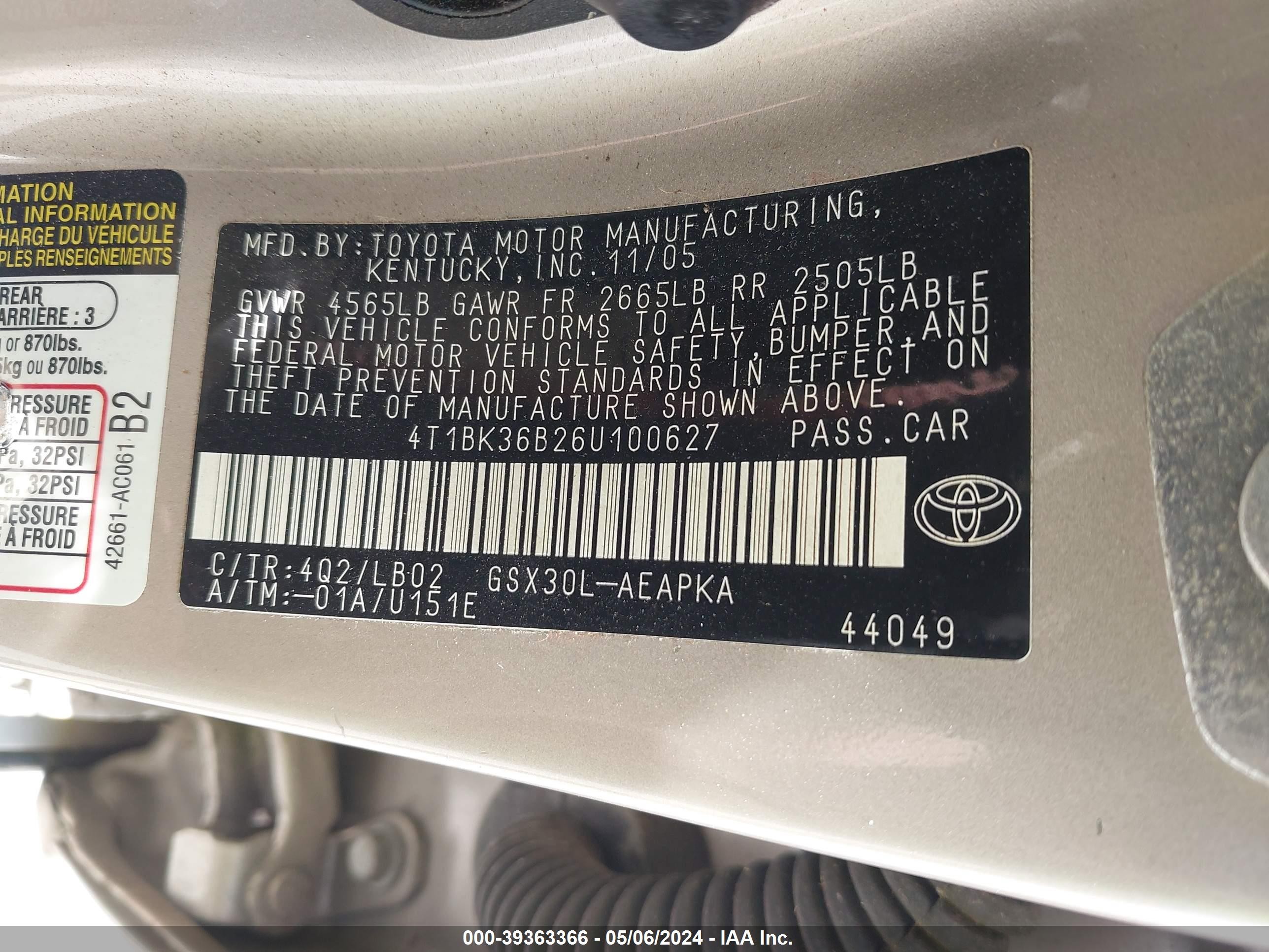 Photo 8 VIN: 4T1BK36B26U100627 - TOYOTA AVALON 