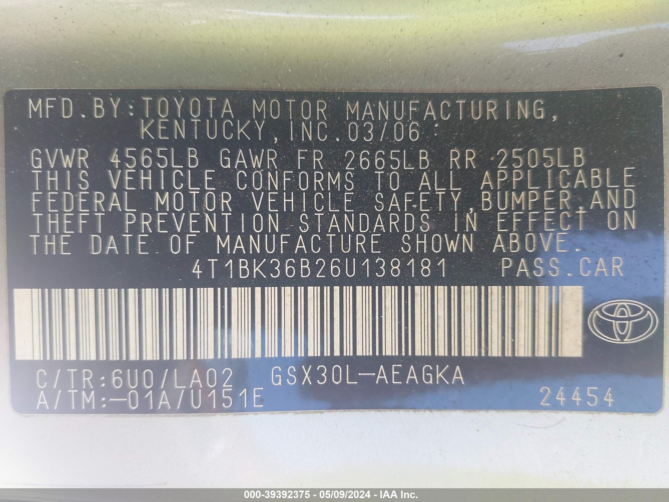 Photo 8 VIN: 4T1BK36B26U138181 - TOYOTA AVALON 