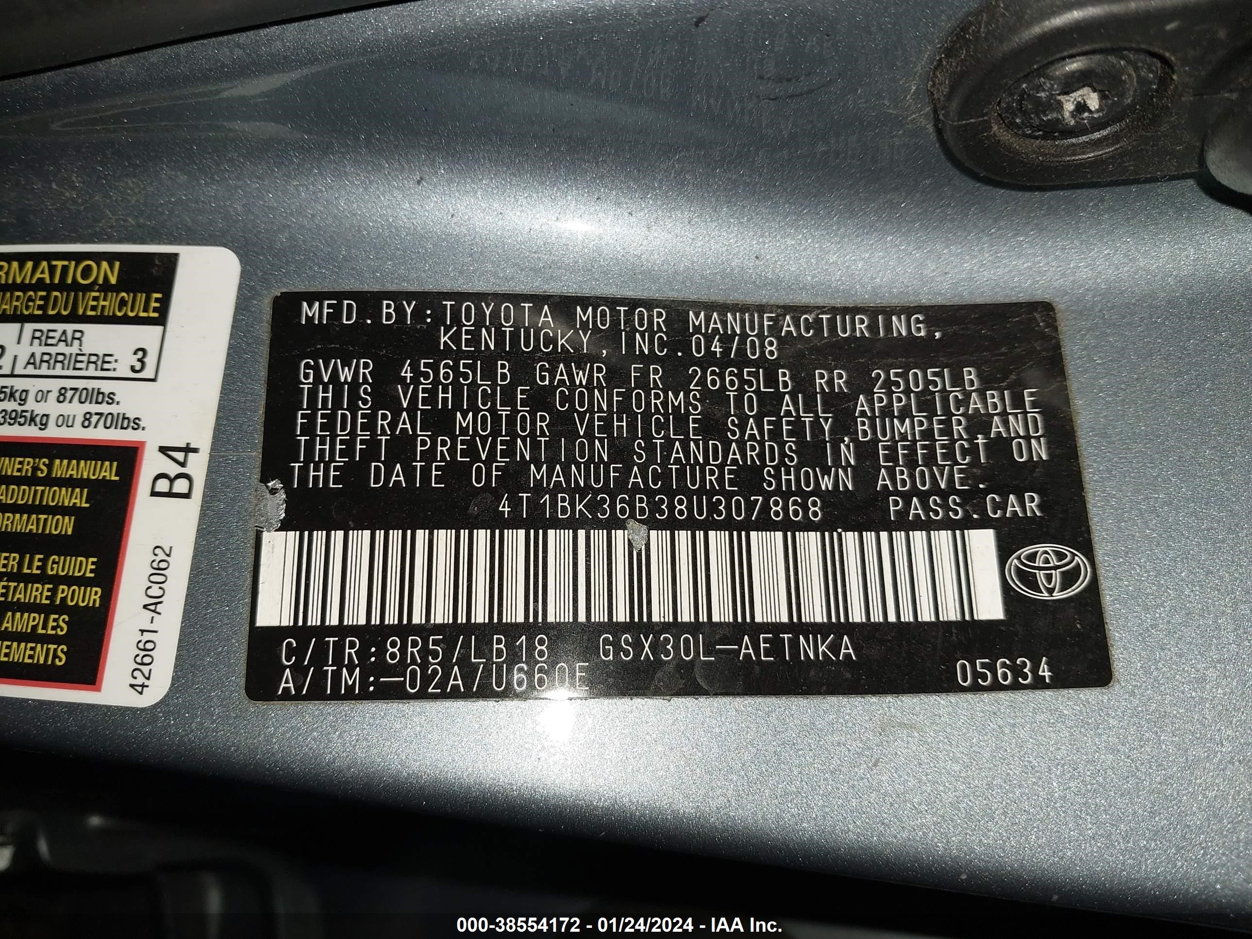 Photo 8 VIN: 4T1BK36B38U307868 - TOYOTA AVALON 