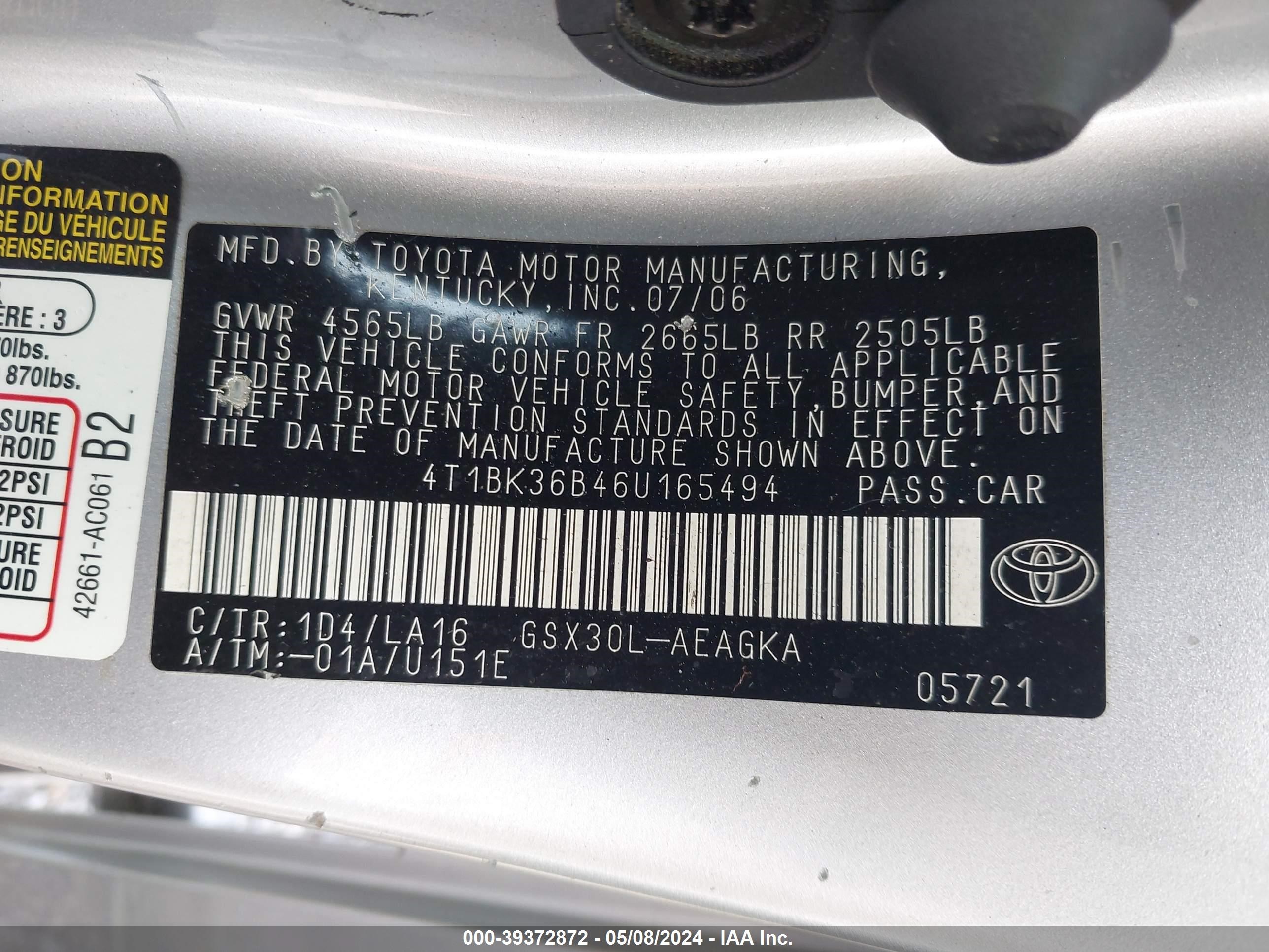 Photo 8 VIN: 4T1BK36B46U165494 - TOYOTA AVALON 