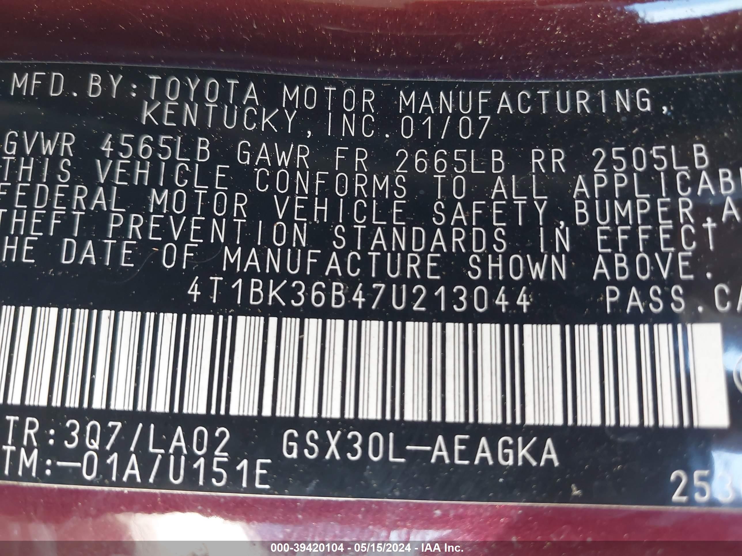 Photo 8 VIN: 4T1BK36B47U213044 - TOYOTA AVALON 