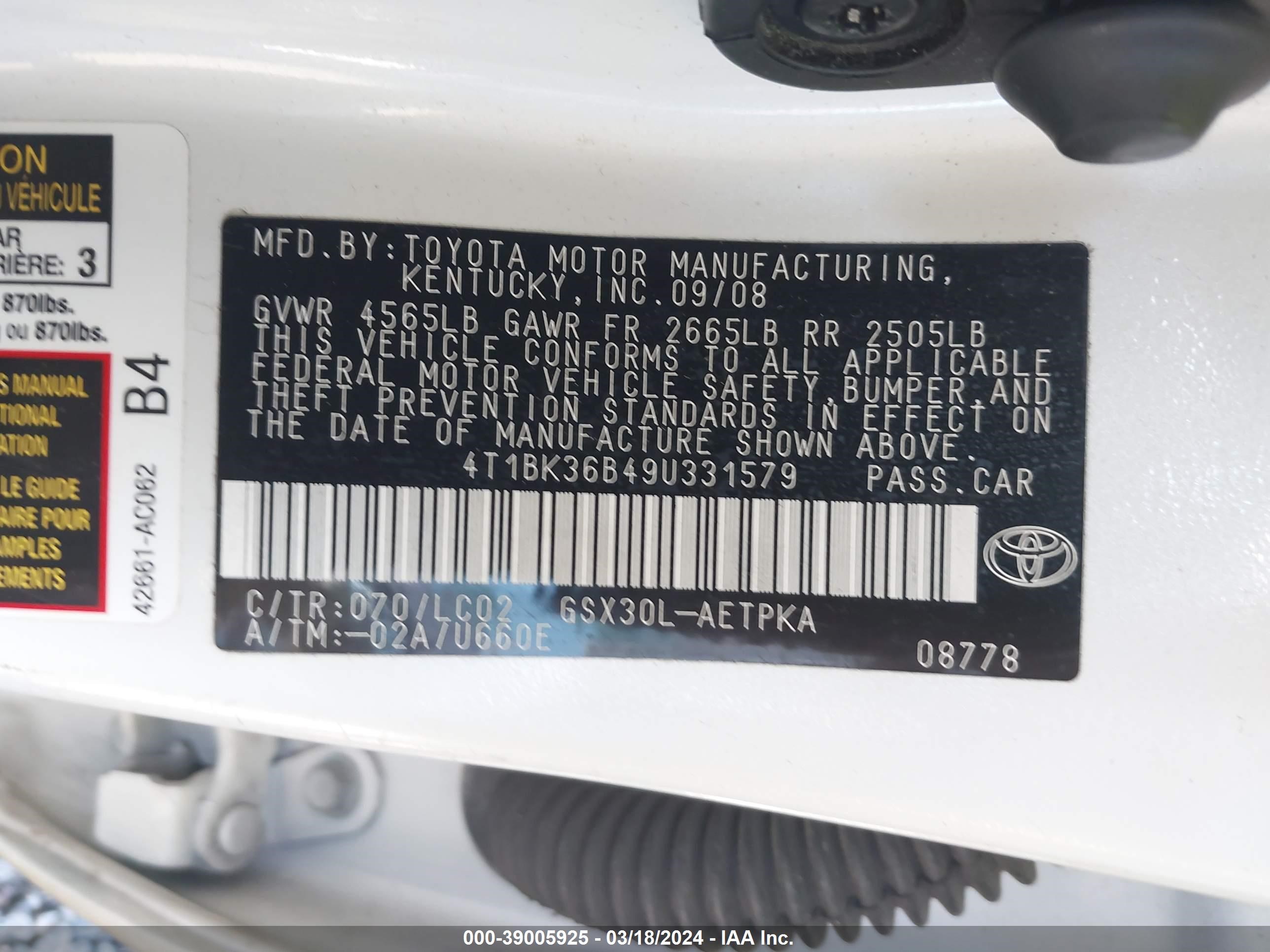 Photo 8 VIN: 4T1BK36B49U331579 - TOYOTA AVALON 