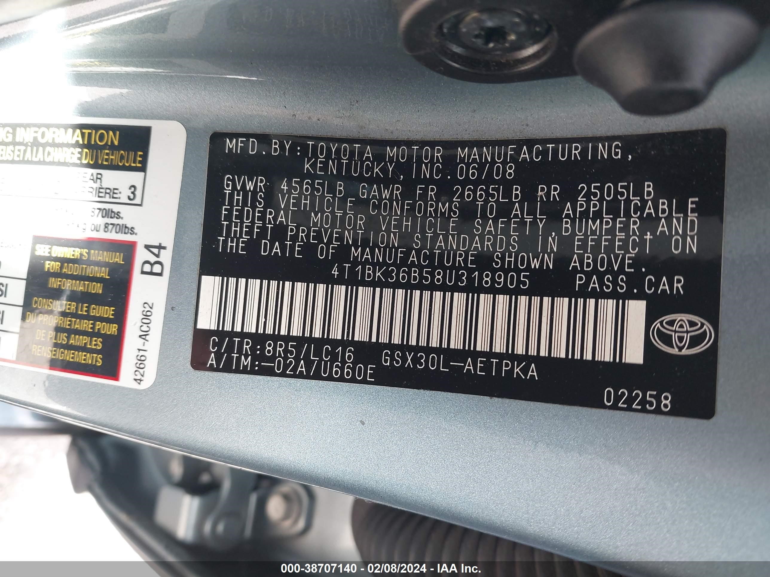 Photo 8 VIN: 4T1BK36B58U318905 - TOYOTA AVALON 