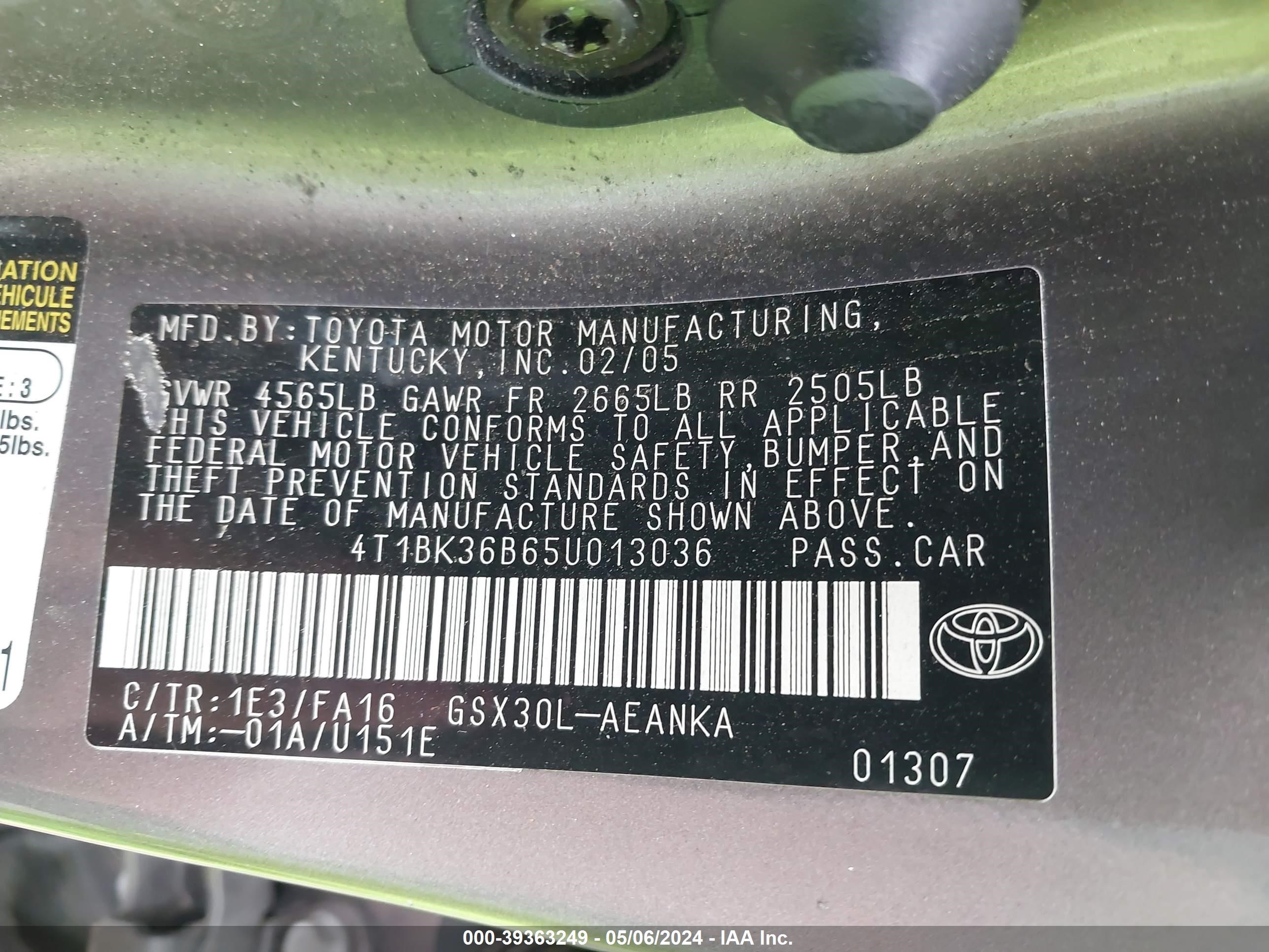 Photo 8 VIN: 4T1BK36B65U013036 - TOYOTA AVALON 