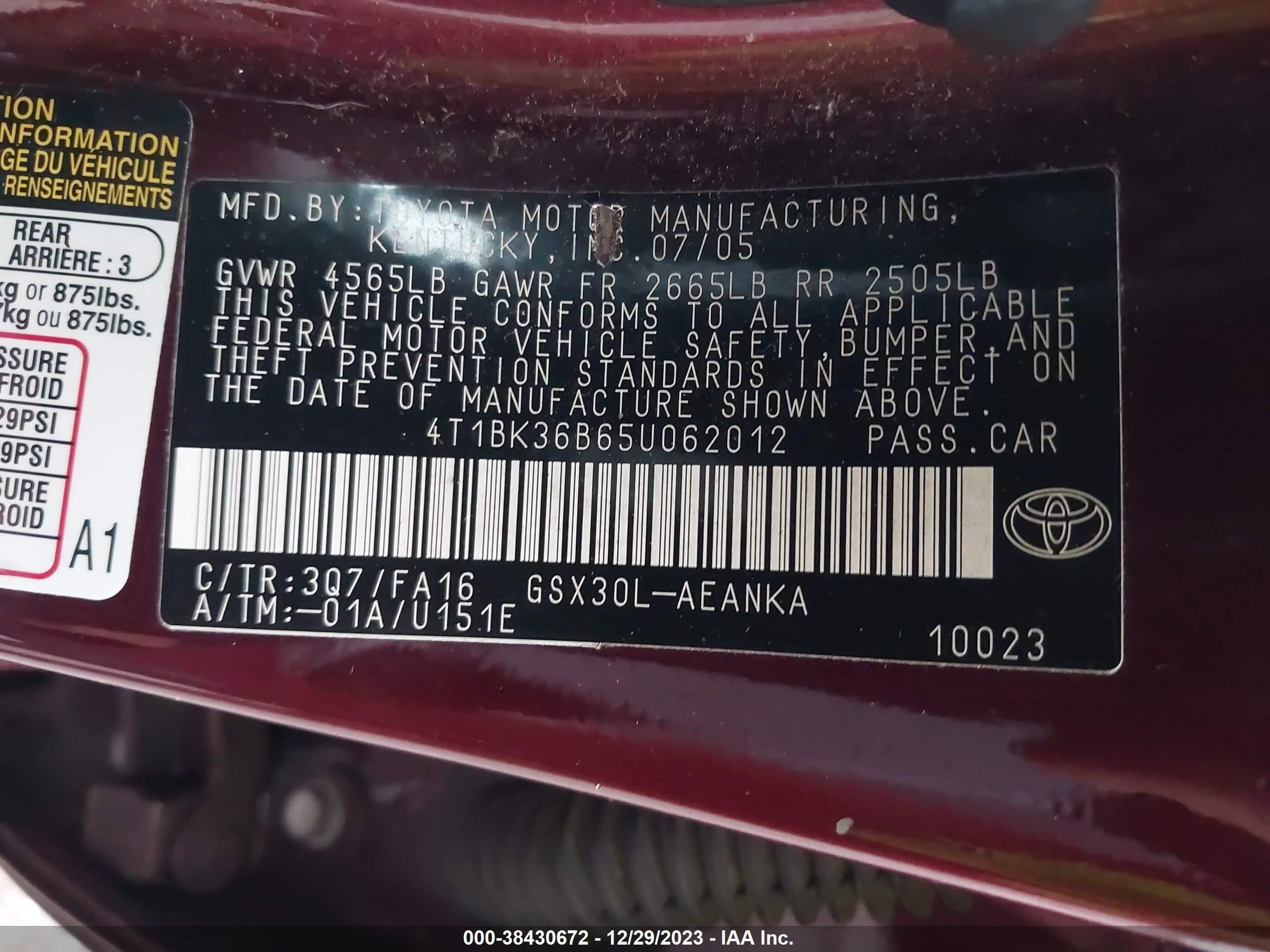 Photo 8 VIN: 4T1BK36B65U062012 - TOYOTA AVALON 