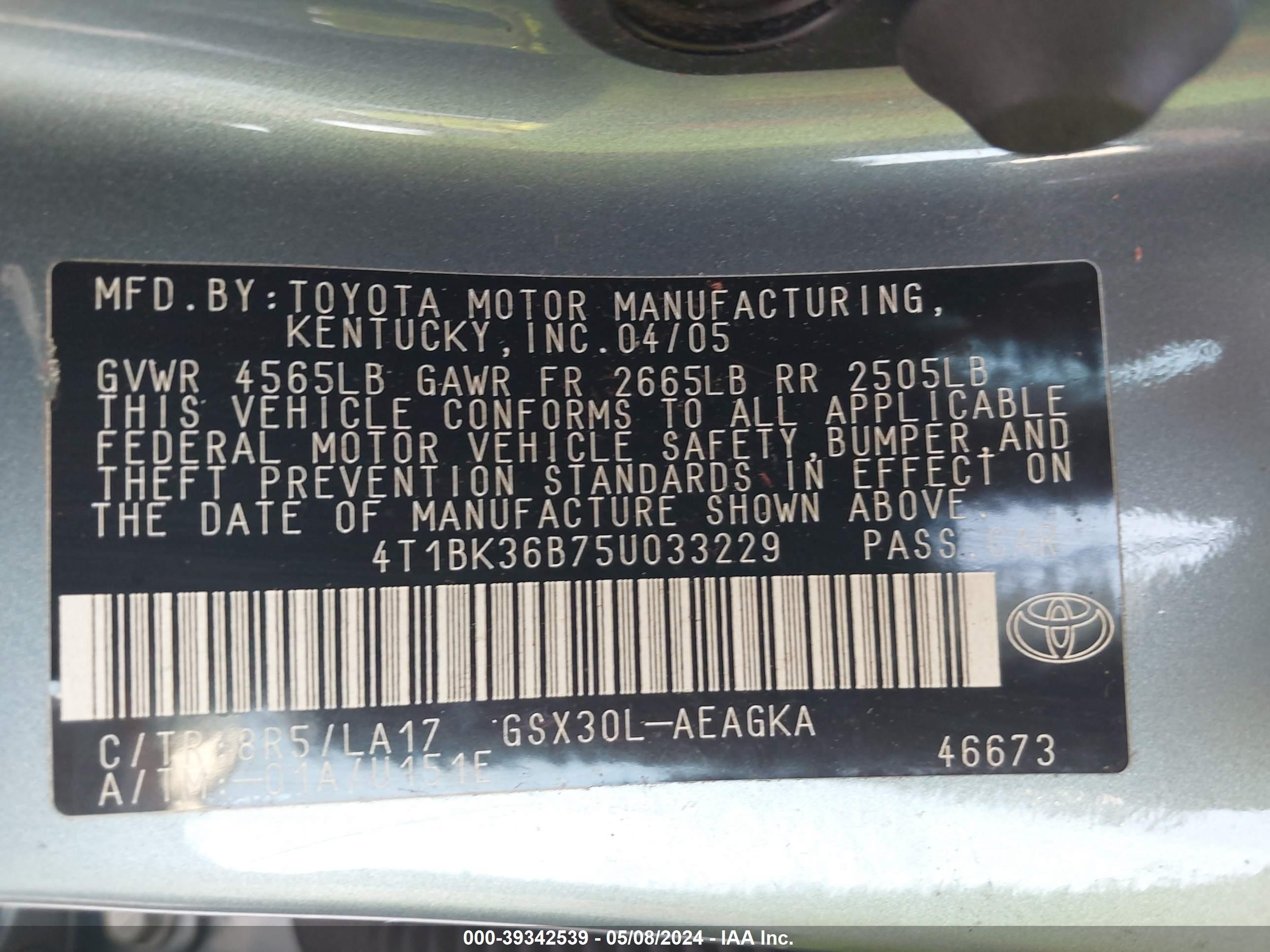 Photo 8 VIN: 4T1BK36B75U033229 - TOYOTA AVALON 