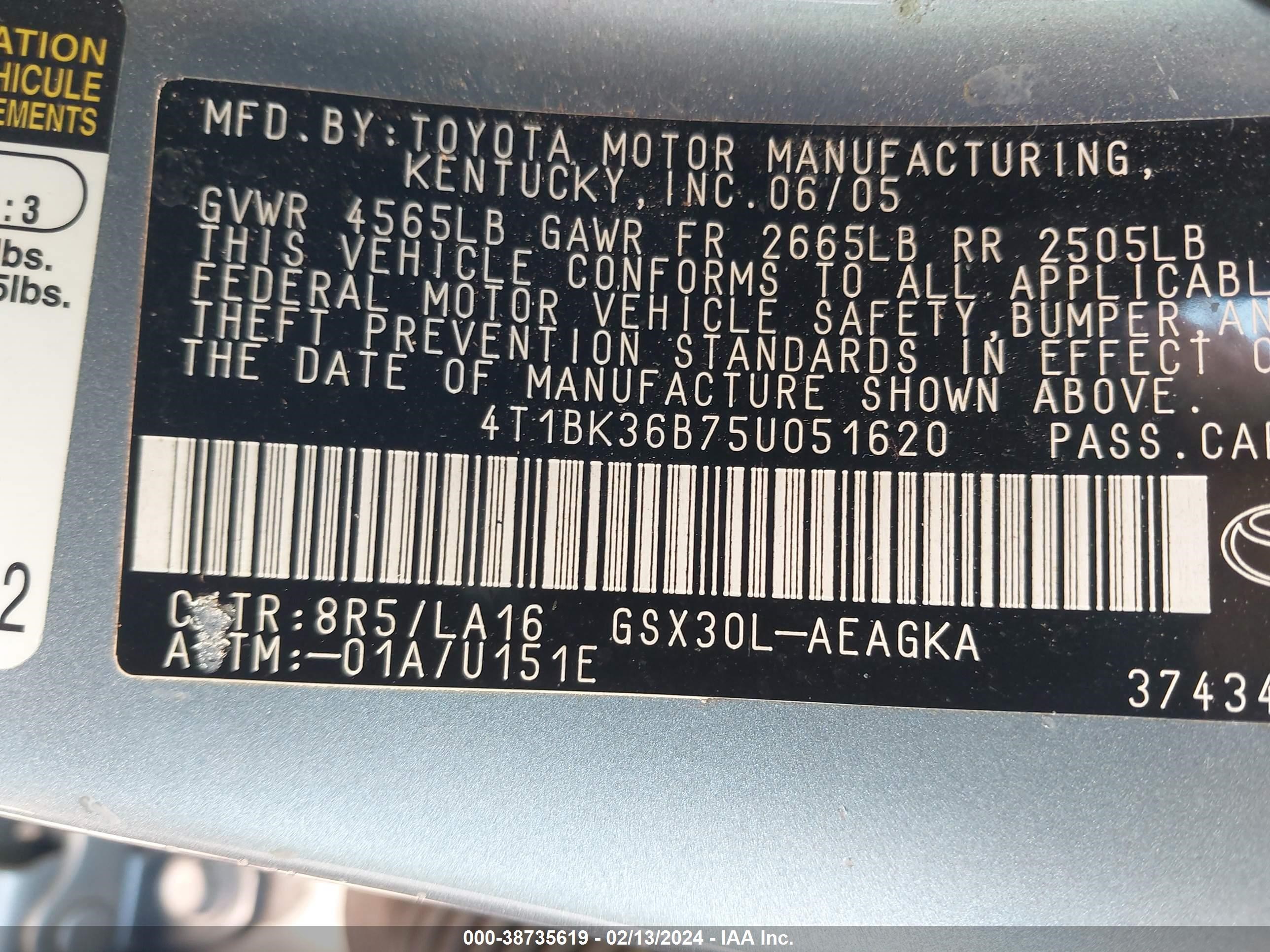 Photo 8 VIN: 4T1BK36B75U051620 - TOYOTA AVALON 