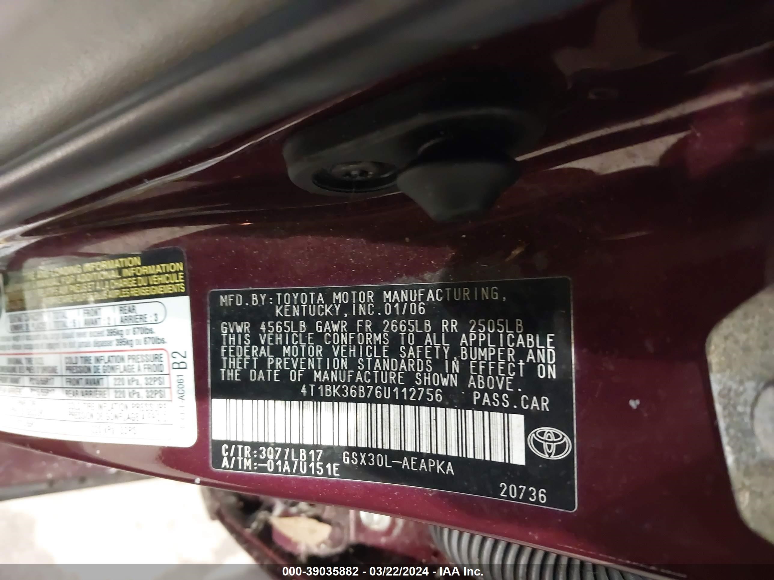 Photo 8 VIN: 4T1BK36B76U112756 - TOYOTA AVALON 