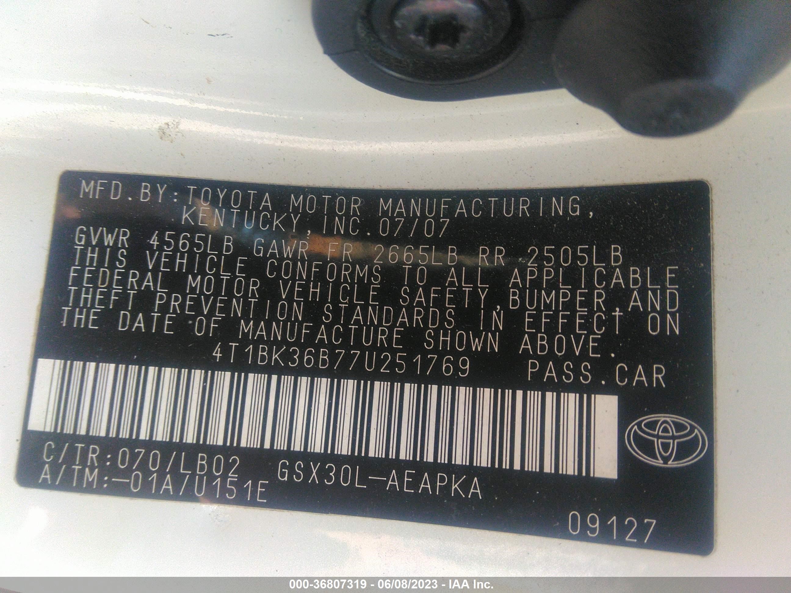 Photo 8 VIN: 4T1BK36B77U251769 - TOYOTA AVALON 