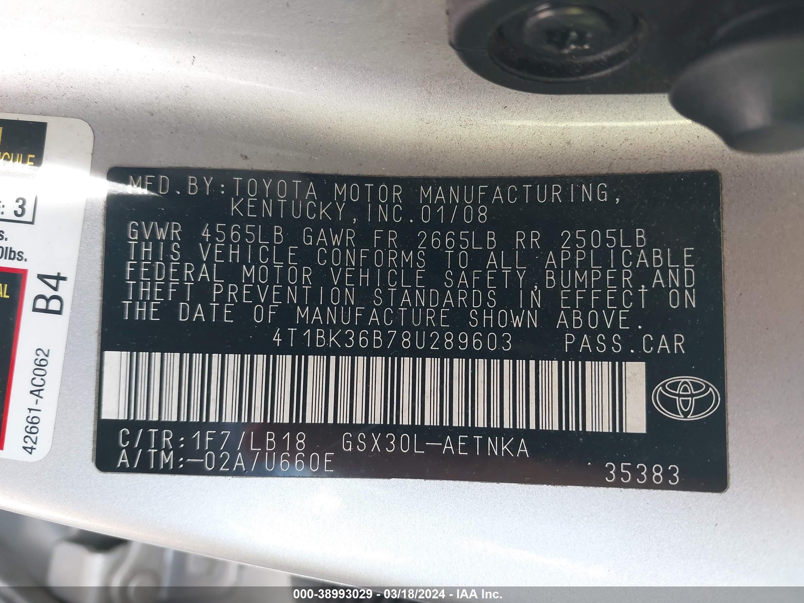 Photo 8 VIN: 4T1BK36B78U289603 - TOYOTA AVALON 