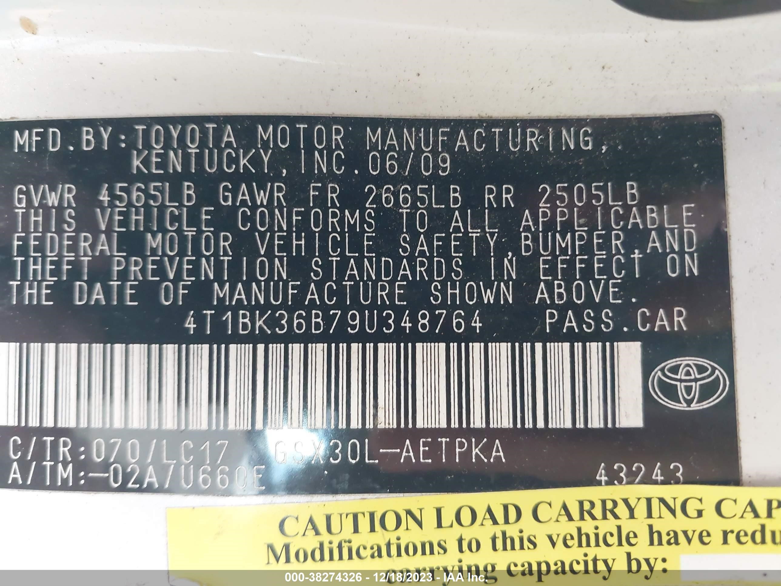 Photo 8 VIN: 4T1BK36B79U348764 - TOYOTA AVALON 