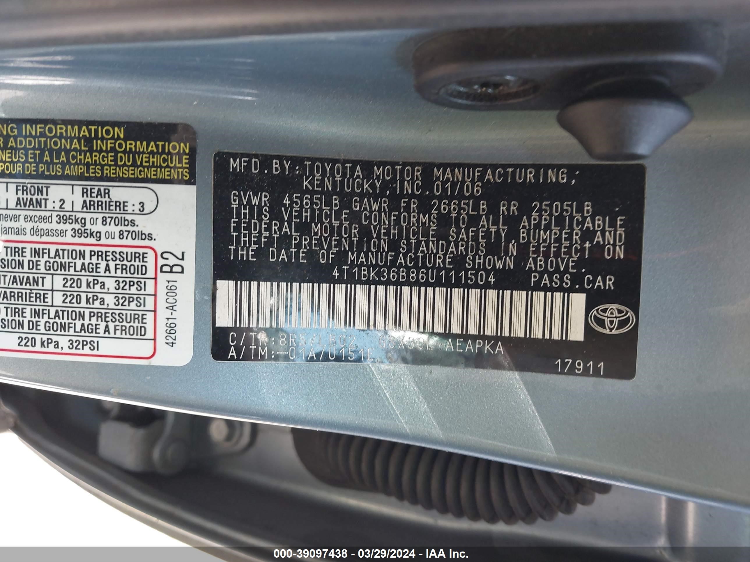 Photo 8 VIN: 4T1BK36B86U111504 - TOYOTA AVALON 