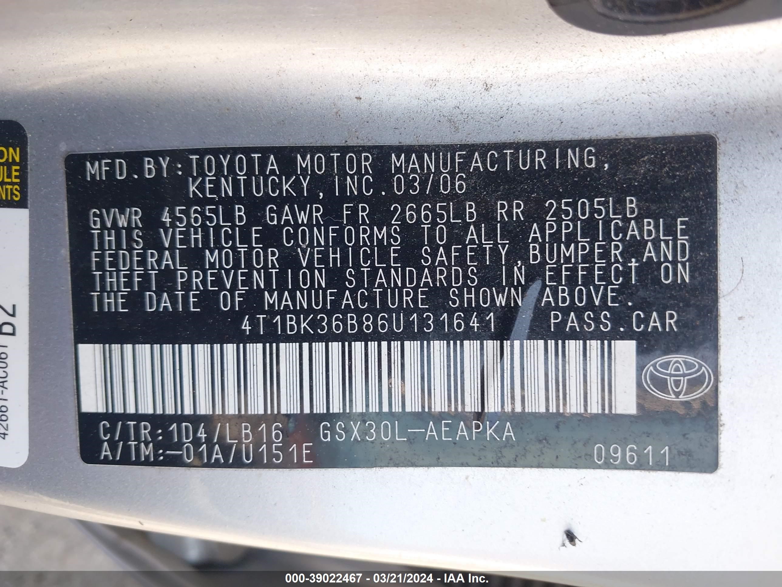 Photo 8 VIN: 4T1BK36B86U131641 - TOYOTA AVALON 