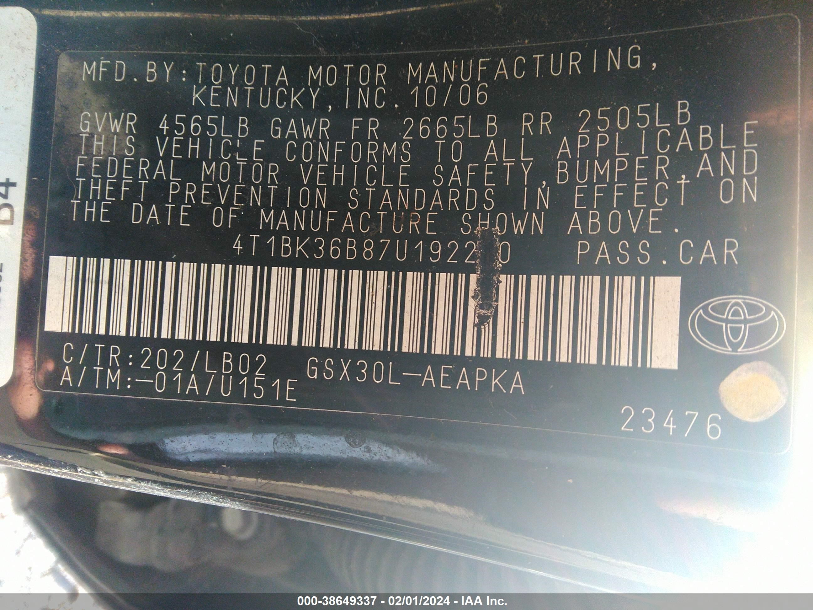 Photo 8 VIN: 4T1BK36B87U192280 - TOYOTA AVALON 