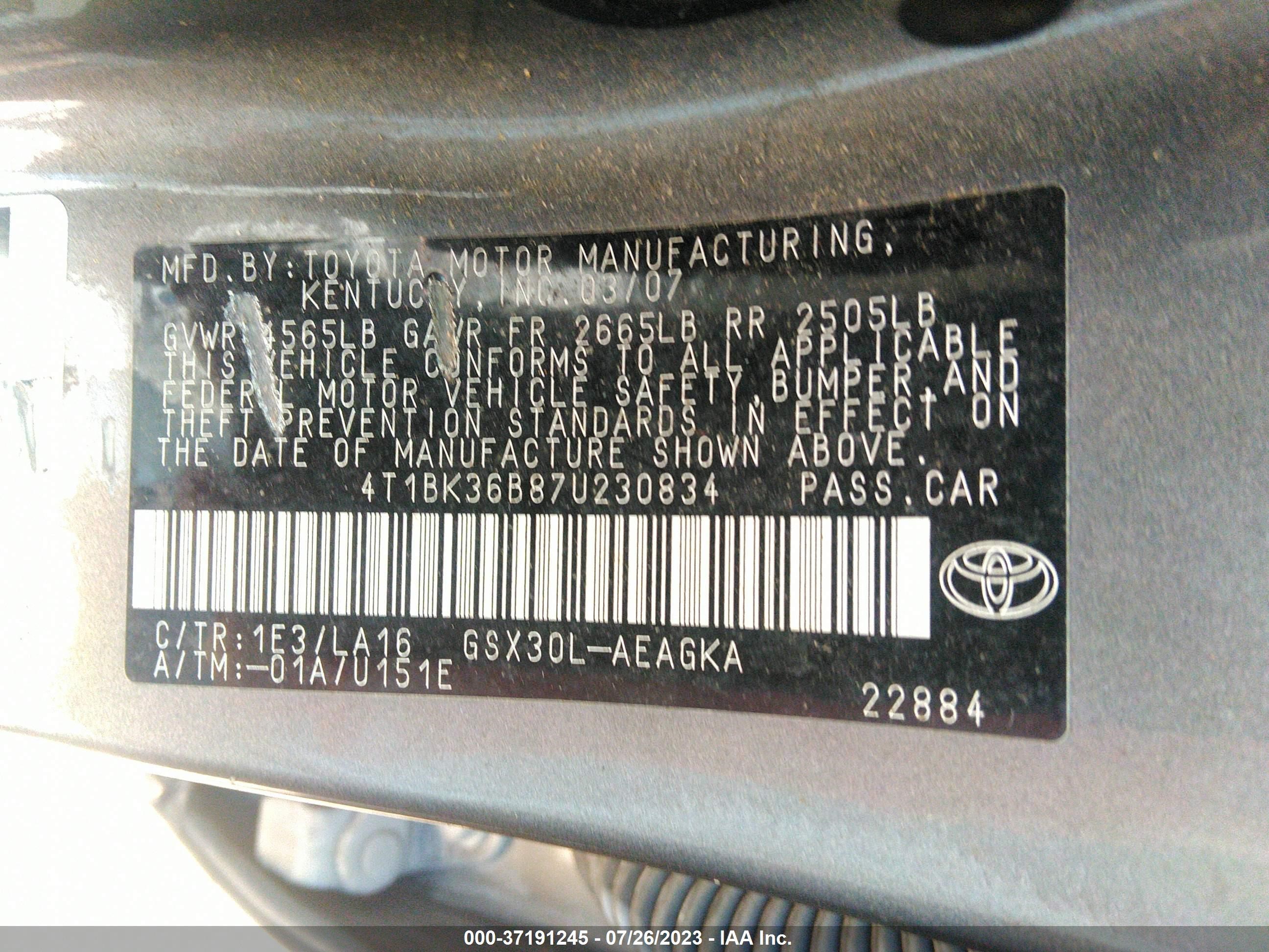 Photo 8 VIN: 4T1BK36B87U230834 - TOYOTA AVALON 