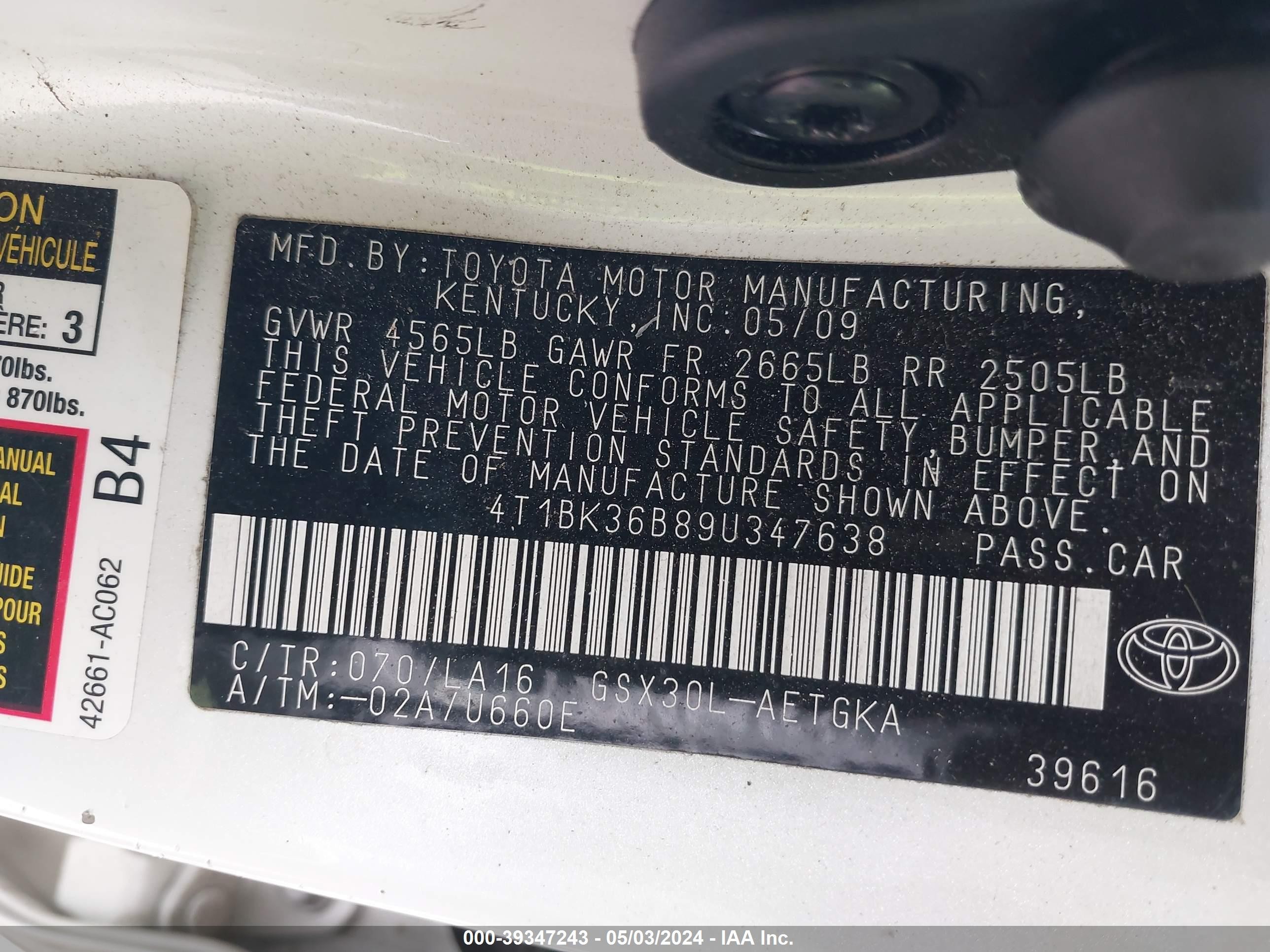 Photo 8 VIN: 4T1BK36B89U347638 - TOYOTA AVALON 