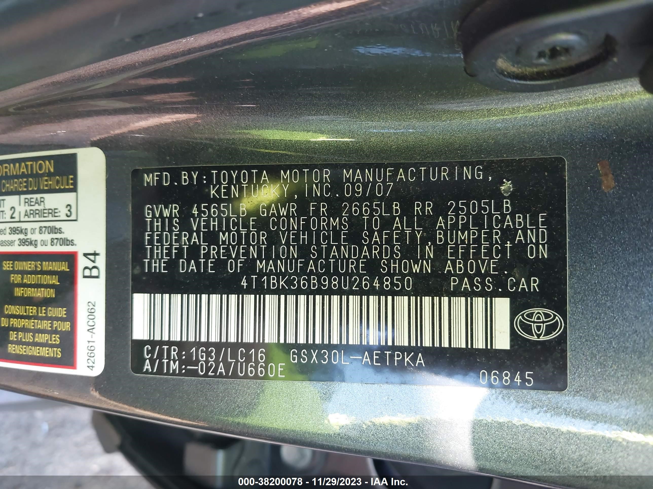 Photo 8 VIN: 4T1BK36B98U264850 - TOYOTA AVALON 