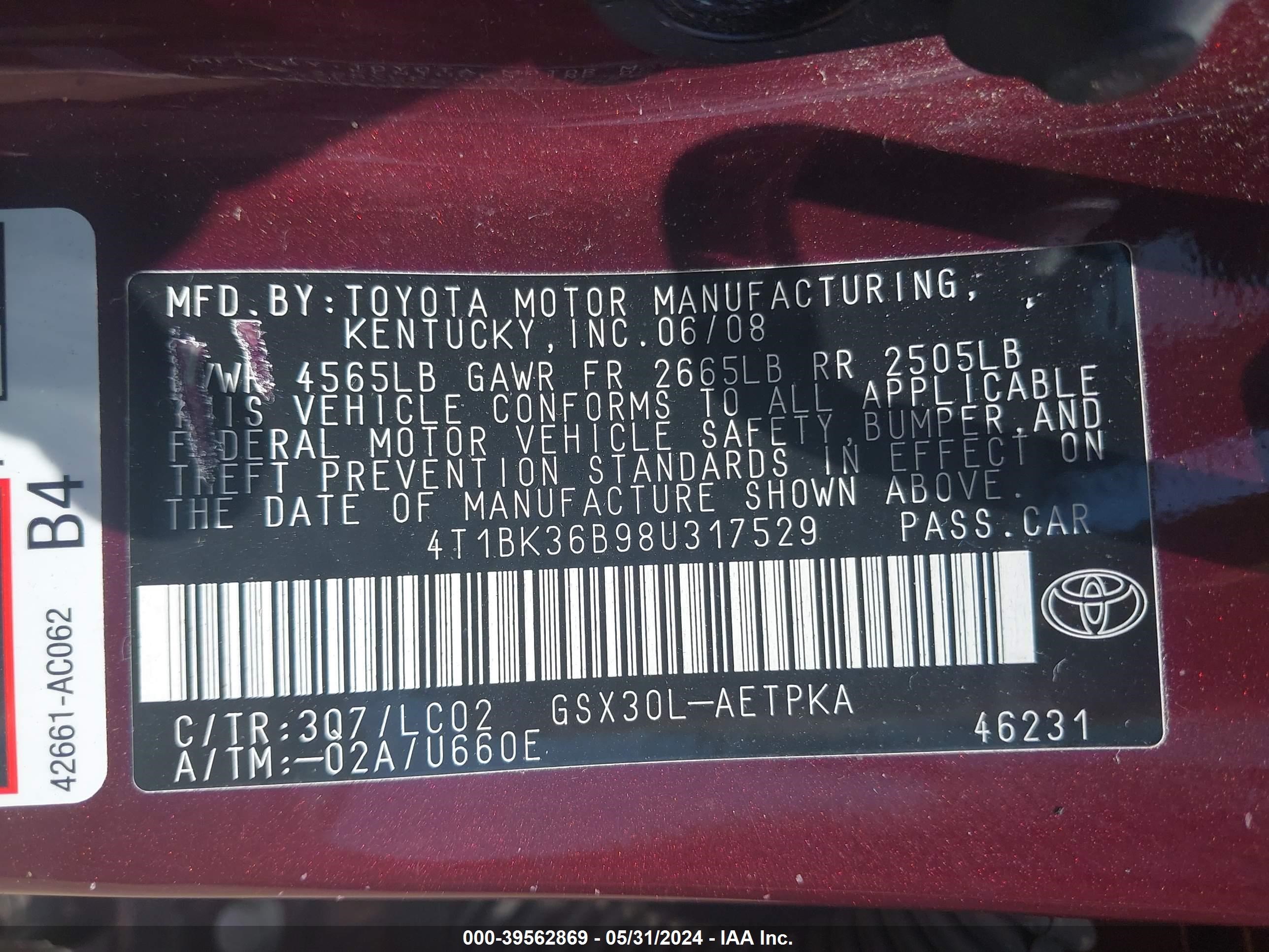 Photo 8 VIN: 4T1BK36B98U317529 - TOYOTA AVALON 