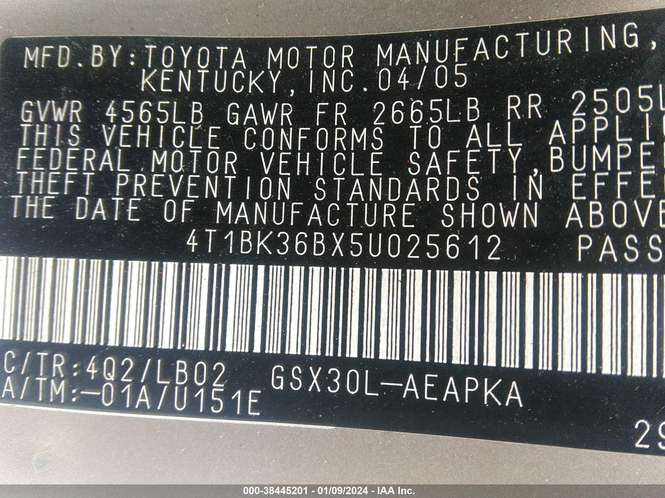 Photo 8 VIN: 4T1BK36BX5U025612 - TOYOTA AVALON 