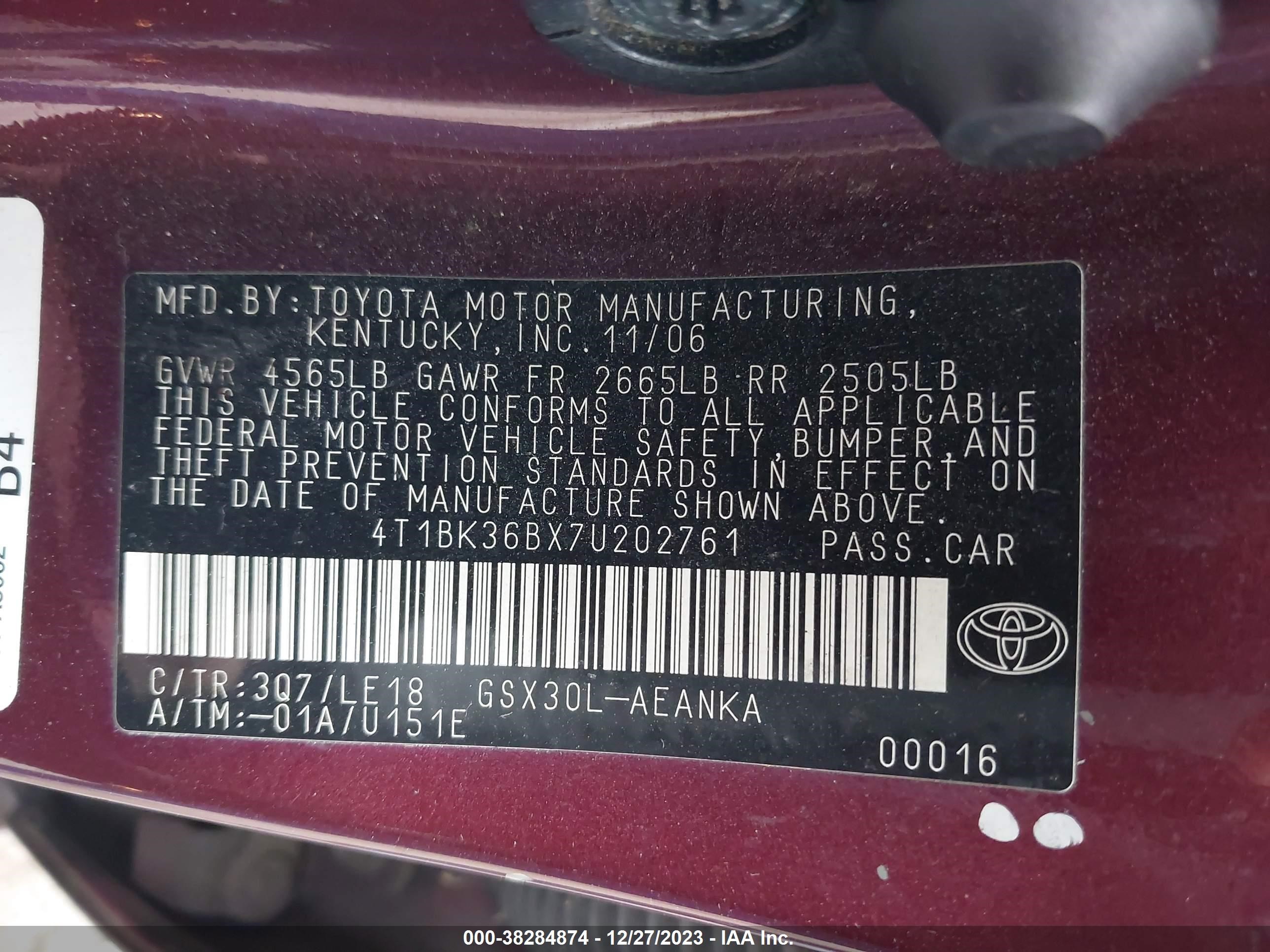 Photo 8 VIN: 4T1BK36BX7U202761 - TOYOTA AVALON 