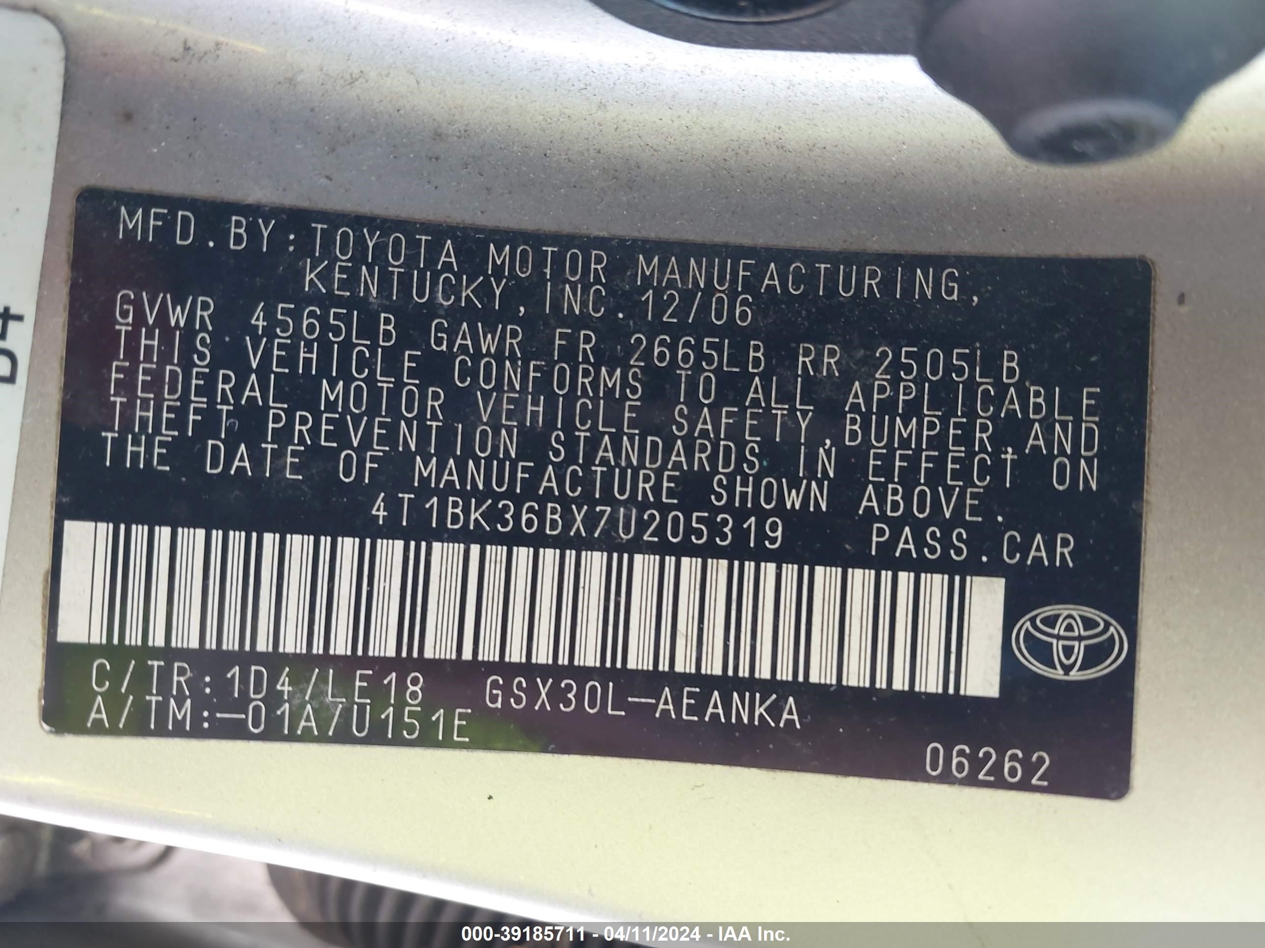 Photo 8 VIN: 4T1BK36BX7U205319 - TOYOTA AVALON 