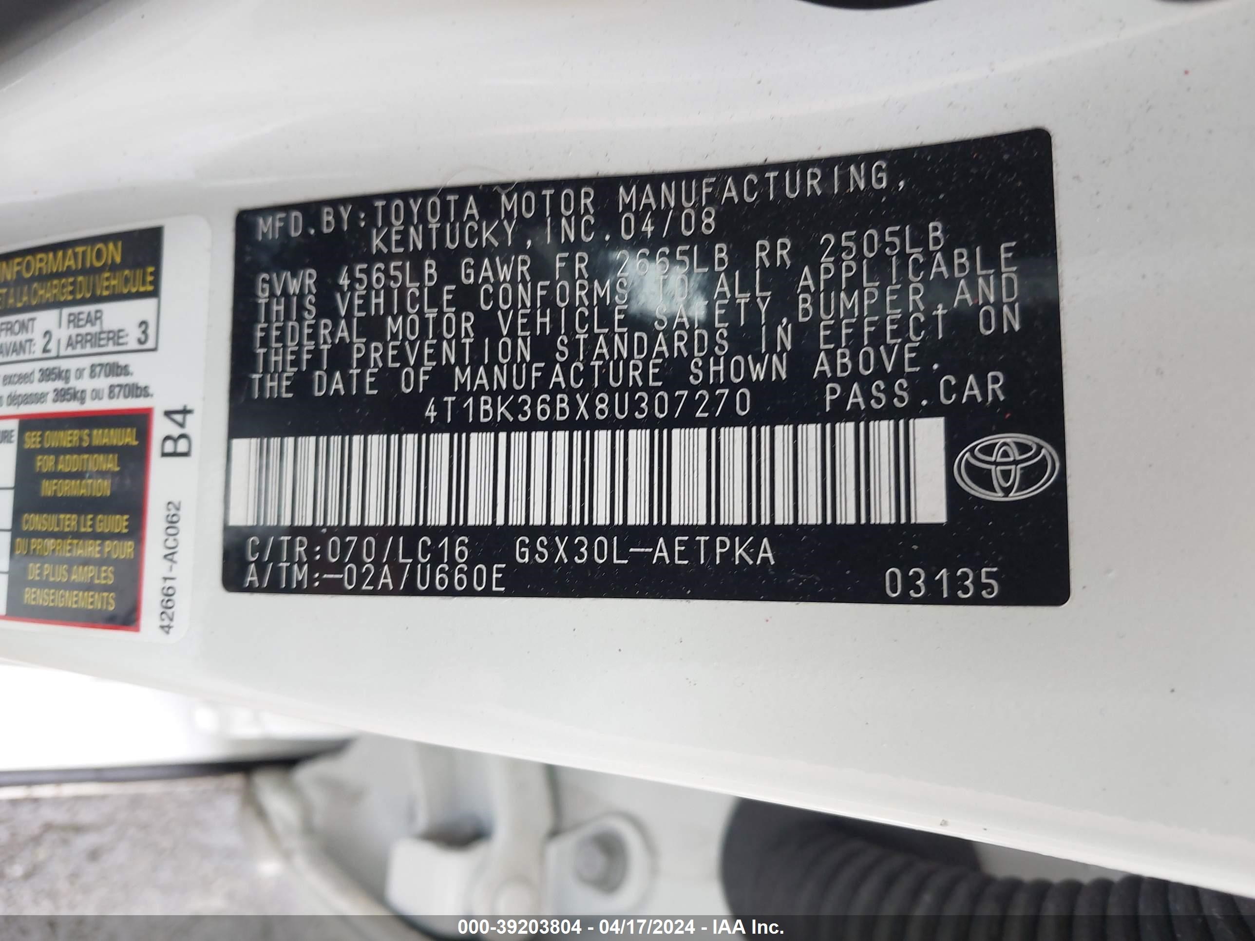 Photo 8 VIN: 4T1BK36BX8U307270 - TOYOTA AVALON 