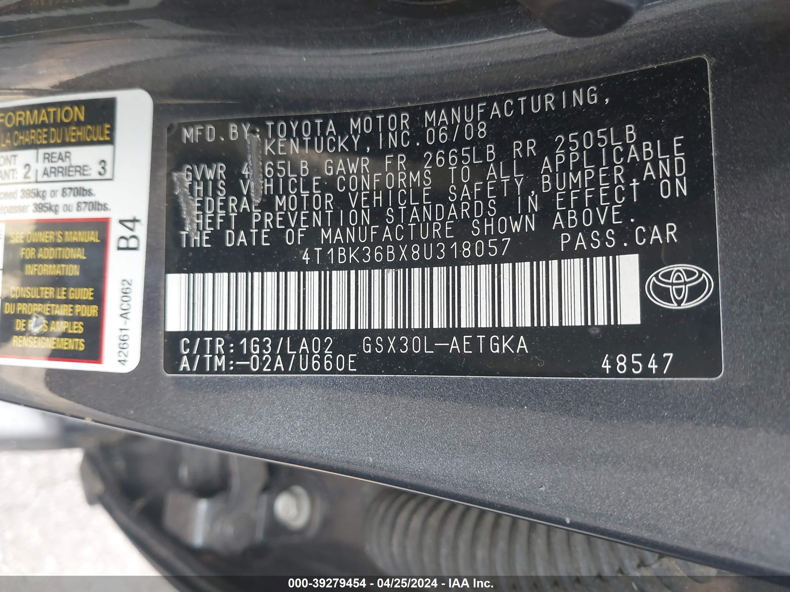 Photo 8 VIN: 4T1BK36BX8U318057 - TOYOTA AVALON 