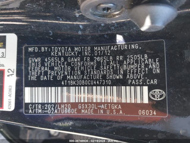 Photo 8 VIN: 4T1BK3DB0CU447310 - TOYOTA AVALON 