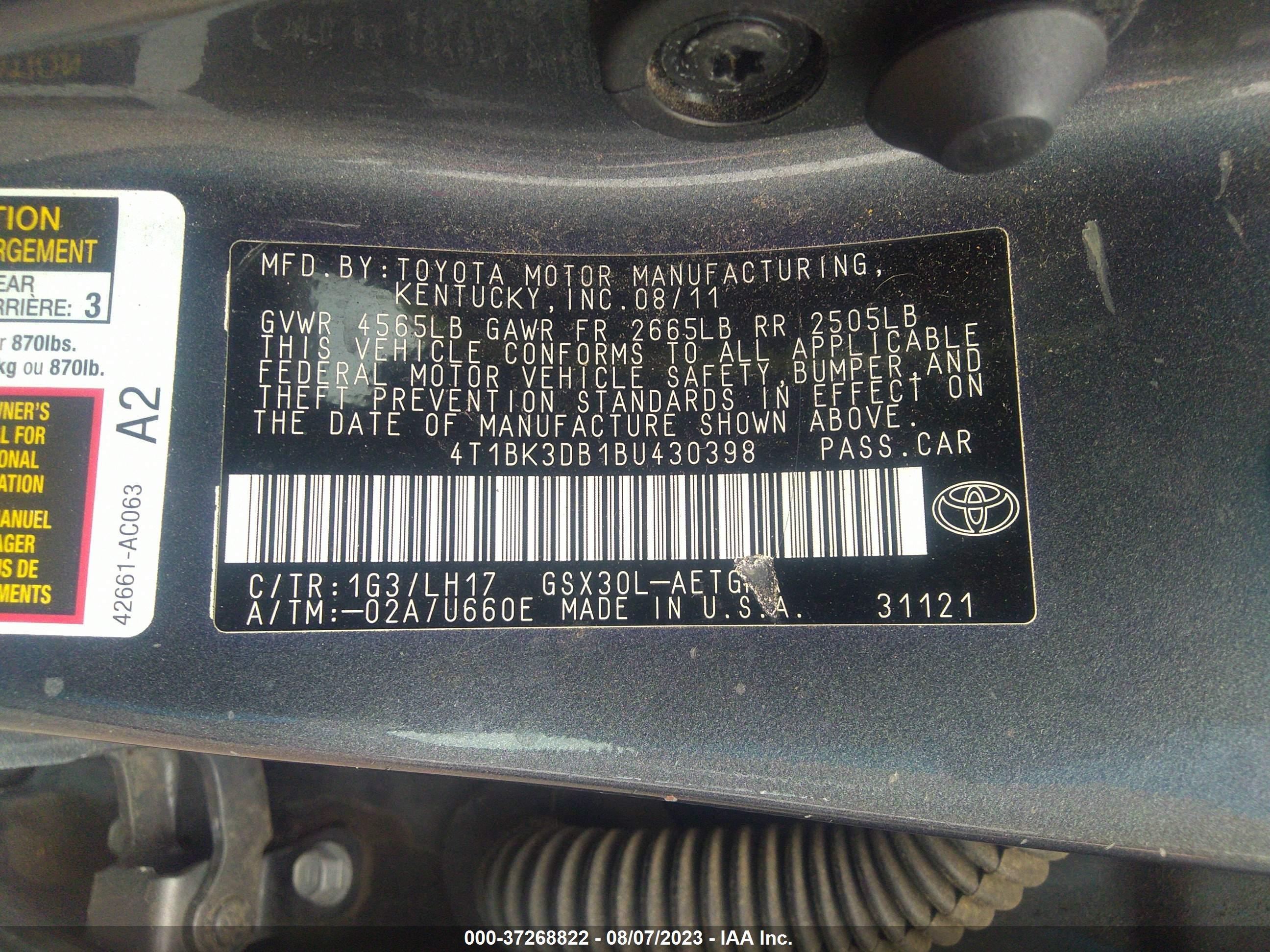 Photo 8 VIN: 4T1BK3DB1BU430398 - TOYOTA AVALON 