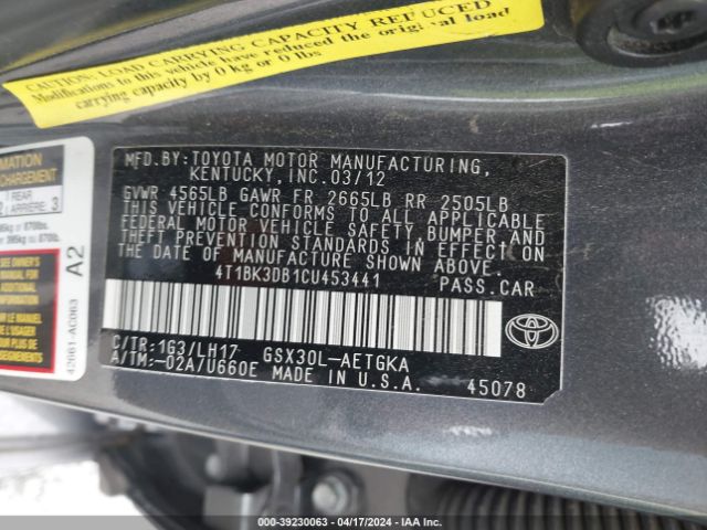 Photo 8 VIN: 4T1BK3DB1CU453441 - TOYOTA AVALON 