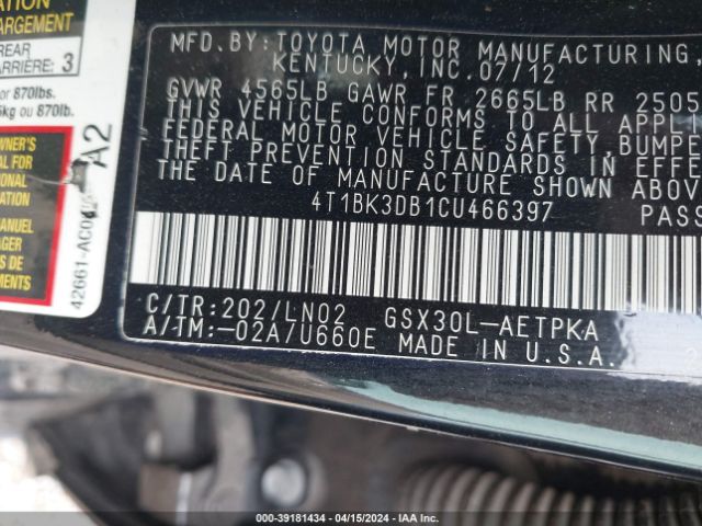 Photo 8 VIN: 4T1BK3DB1CU466397 - TOYOTA AVALON 