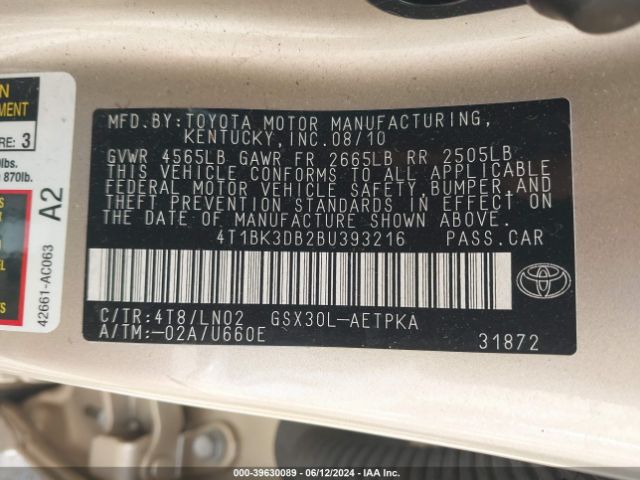 Photo 8 VIN: 4T1BK3DB2BU393216 - TOYOTA AVALON 