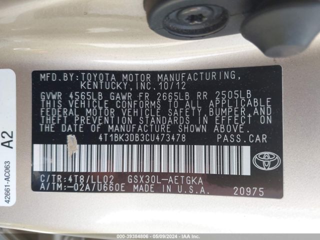 Photo 8 VIN: 4T1BK3DB3CU473478 - TOYOTA AVALON 