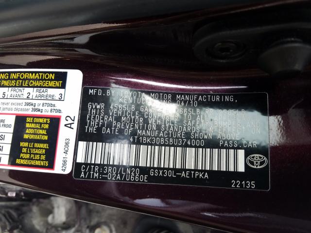 Photo 9 VIN: 4T1BK3DB5BU374000 - TOYOTA AVALON BAS 