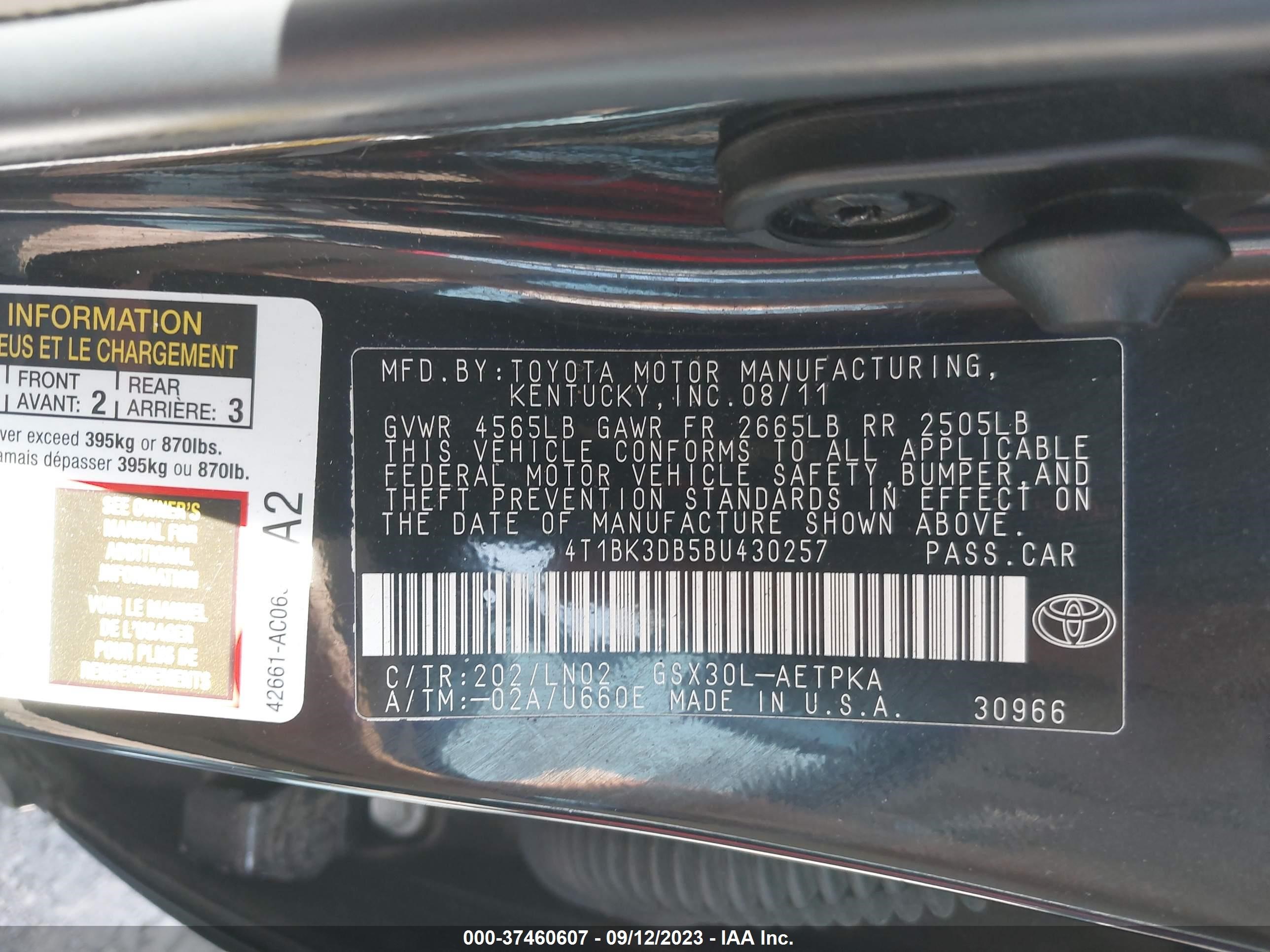 Photo 8 VIN: 4T1BK3DB5BU430257 - TOYOTA AVALON 