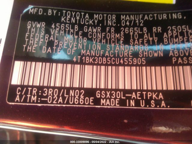 Photo 8 VIN: 4T1BK3DB5CU455905 - TOYOTA AVALON 