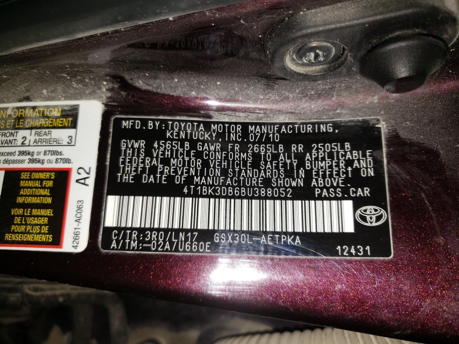 Photo 9 VIN: 4T1BK3DB6BU388052 - TOYOTA AVALON BAS 