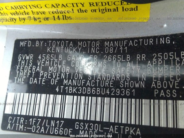 Photo 8 VIN: 4T1BK3DB6BU429361 - TOYOTA AVALON BAS 