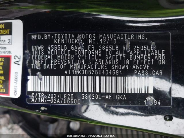 Photo 8 VIN: 4T1BK3DB7BU404694 - TOYOTA AVALON 