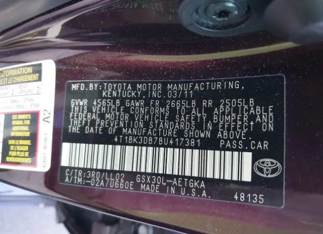 Photo 8 VIN: 4T1BK3DB7BU417381 - TOYOTA AVALON 